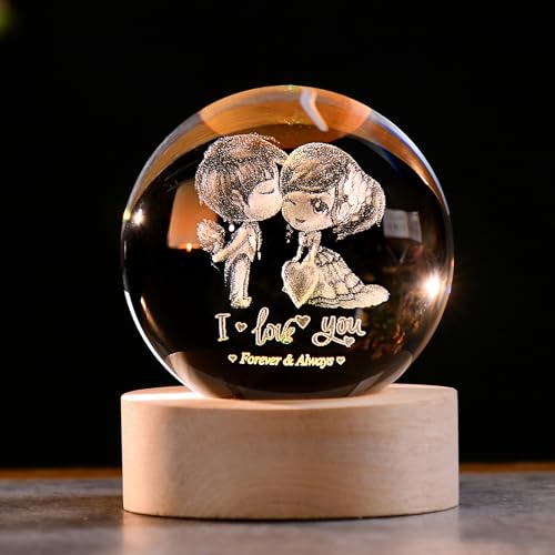 IFOLAINA 3D Couple Crystal Ball Valentine's Gifts for Her 2.36" Engraved Glass Couple Sphere Gifts with Colorful Lighted Base Decorative Glass Ball Romantic Anniversary Decor Wife Birthday Gifts - Image 1