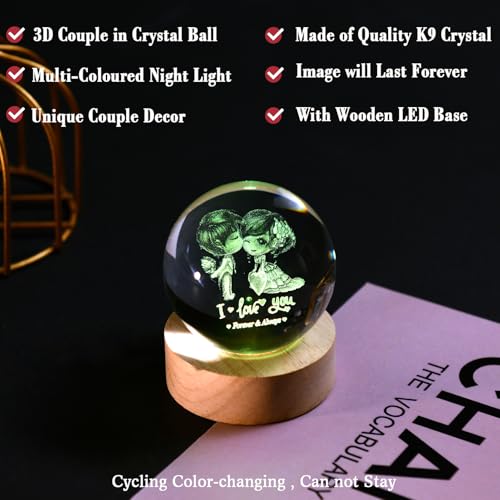 IFOLAINA 3D Couple Crystal Ball Valentine's Gifts for Her 2.36" Engraved Glass Couple Sphere Gifts with Colorful Lighted Base Decorative Glass Ball Romantic Anniversary Decor Wife Birthday Gifts - Image 3