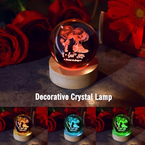 IFOLAINA 3D Couple Crystal Ball Valentine's Gifts for Her 2.36" Engraved Glass Couple Sphere Gifts with Colorful Lighted Base Decorative Glass Ball Romantic Anniversary Decor Wife Birthday Gifts - Image 5
