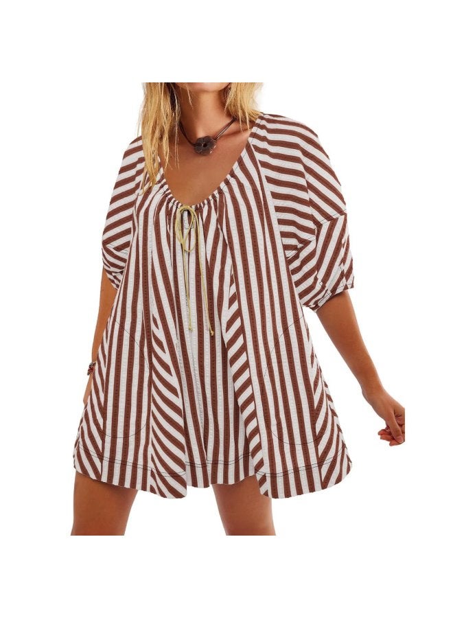 Women's European And American Summer Short-sleeved Striped Shirt Slimming Casual Loose Deep V Wide Leg Short Pants