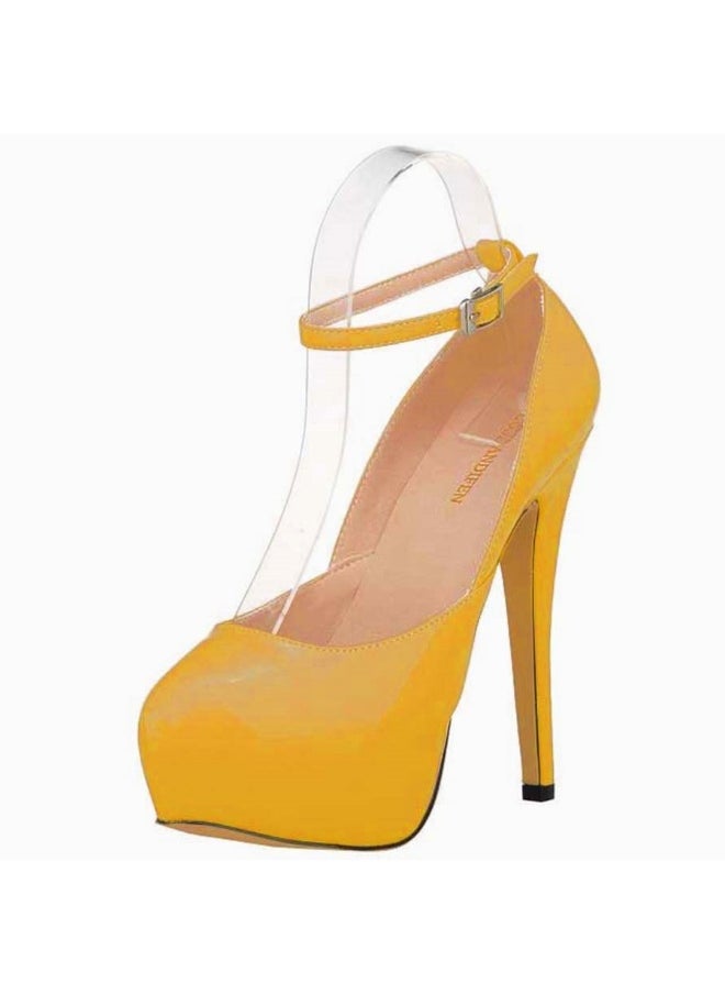 Loquat Candy-colored patent leather one-strap waterproof platform high heels 14cm Orange  - Image 1