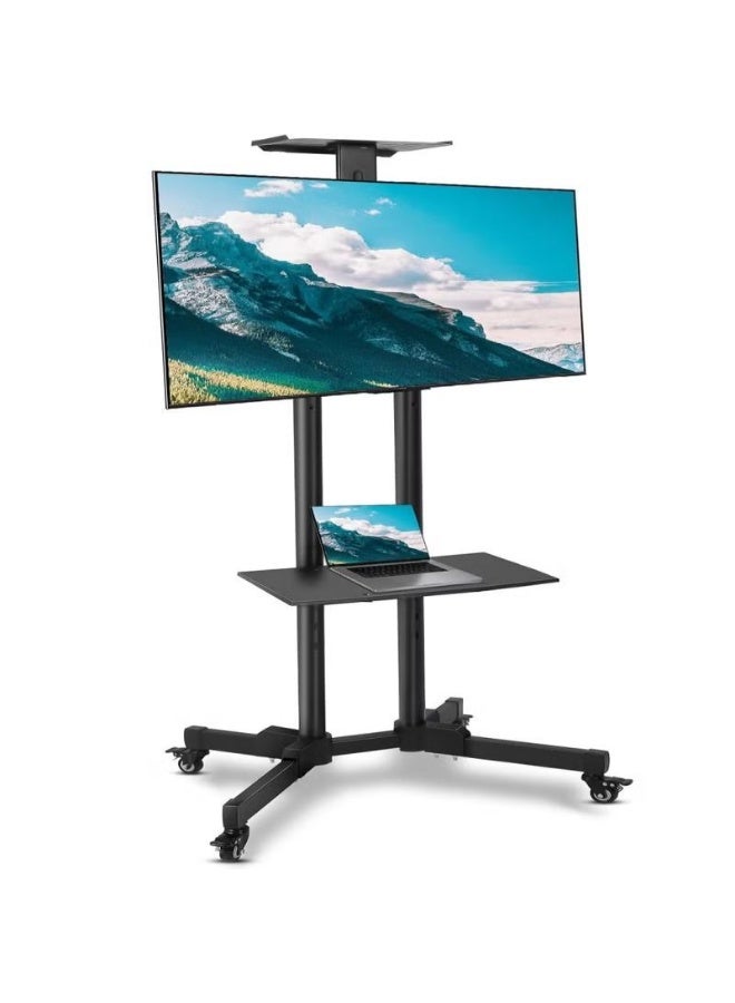 Mobile TV Stand with Height Adjustable Mount on Lockable Wheels for 32-75 Inch Flat and Curved Screens, Including a Removable Shelf for A/V Equipment and Laptops Black loading capacity 50kg - Image 1