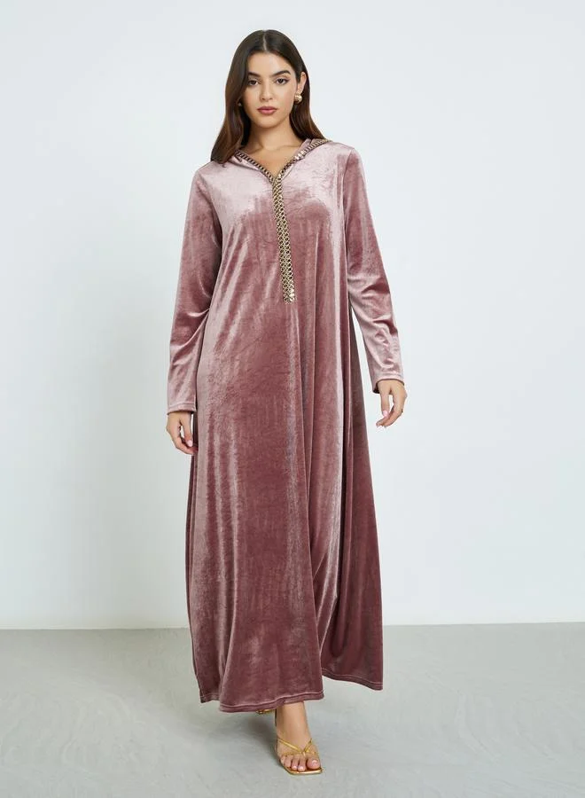 Amirah Pink Velvet Textured Hooded Jalabiya