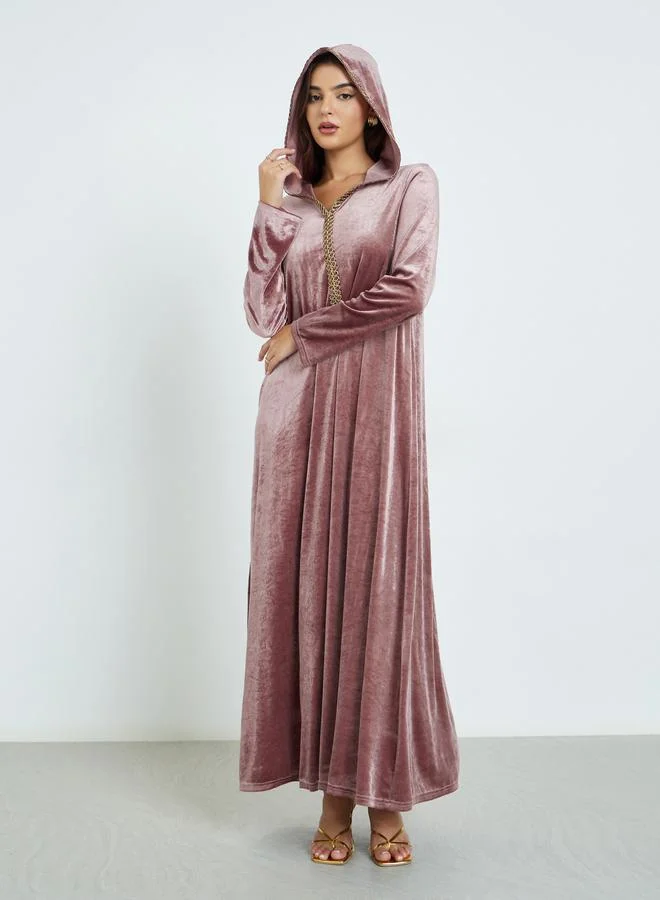Amirah Pink Velvet Textured Hooded Jalabiya
