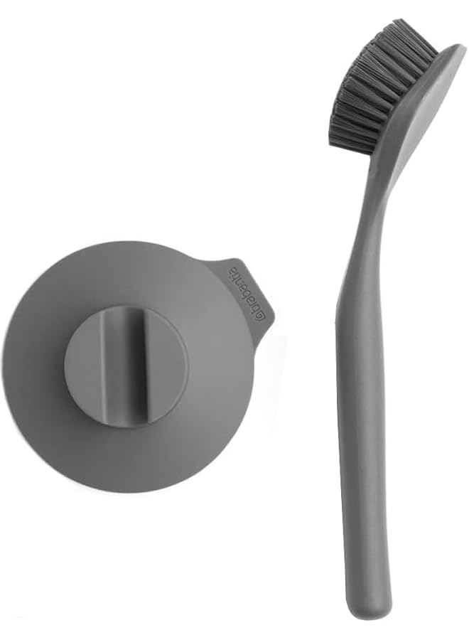 promass 117589 Dish Brush with Suction Cup Holder, Dark Grey, 11 x 23.5 x 6 cm - Image 1