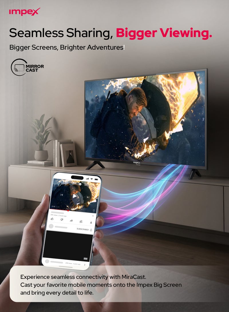 Impex 40 Inch Full HD Smart LED TV - Android, Quad Core, Frameless, A+ Panel, Wi-Fi, 2 HDMI, 2 USB, RJ45, 1920x1080 Resolution, 176° View, Slim Design, 2 Year Warranty - Gloria 40 Smart - Black GLORIA 40 SMART Black - Image 3