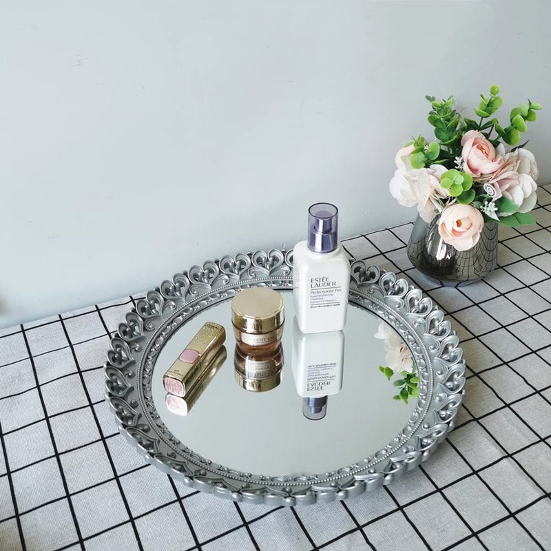 Yash YANIZU Decorative Mirror Tray, Round Hollowed Out Design, Organizer for Makeup, Jewelry, Perfume, Vintage Display and Serving Tray for Dresser, Counter and Coffee Table, 12''X 12'', Silver - Image 2