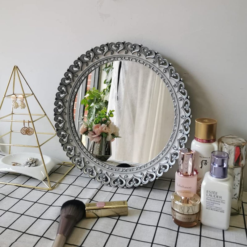 Yash YANIZU Decorative Mirror Tray, Round Hollowed Out Design, Organizer for Makeup, Jewelry, Perfume, Vintage Display and Serving Tray for Dresser, Counter and Coffee Table, 12''X 12'', Silver - Image 4