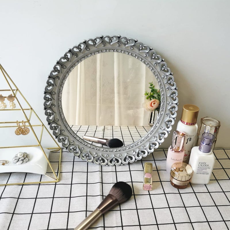 Yash YANIZU Decorative Mirror Tray, Round Hollowed Out Design, Organizer for Makeup, Jewelry, Perfume, Vintage Display and Serving Tray for Dresser, Counter and Coffee Table, 12''X 12'', Silver - Image 3