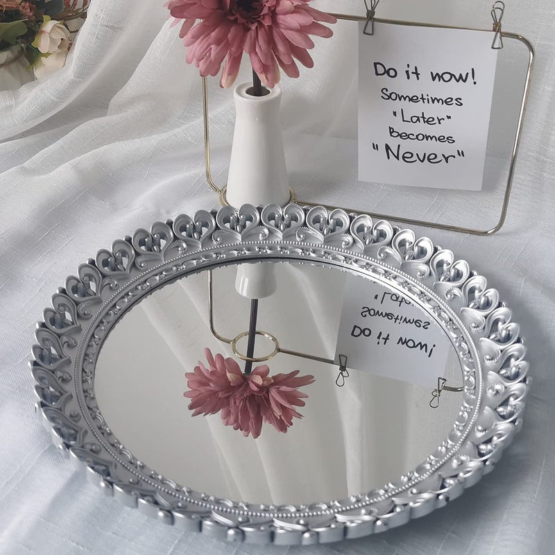 Yash YANIZU Decorative Mirror Tray, Round Hollowed Out Design, Organizer for Makeup, Jewelry, Perfume, Vintage Display and Serving Tray for Dresser, Counter and Coffee Table, 12''X 12'', Silver - Image 1