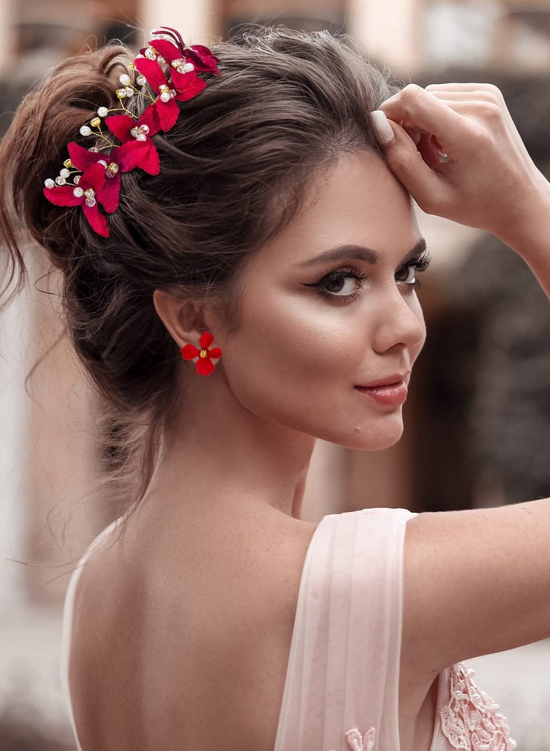 Excefore Wedding Bride Floral Red Headband, Crystal Gold Red Flower Hair Vine with Pearl Rhinestone Hair Accessory with Earring, Boho Delicate Hair Piece Jewelry for Women and Girls - Image 5