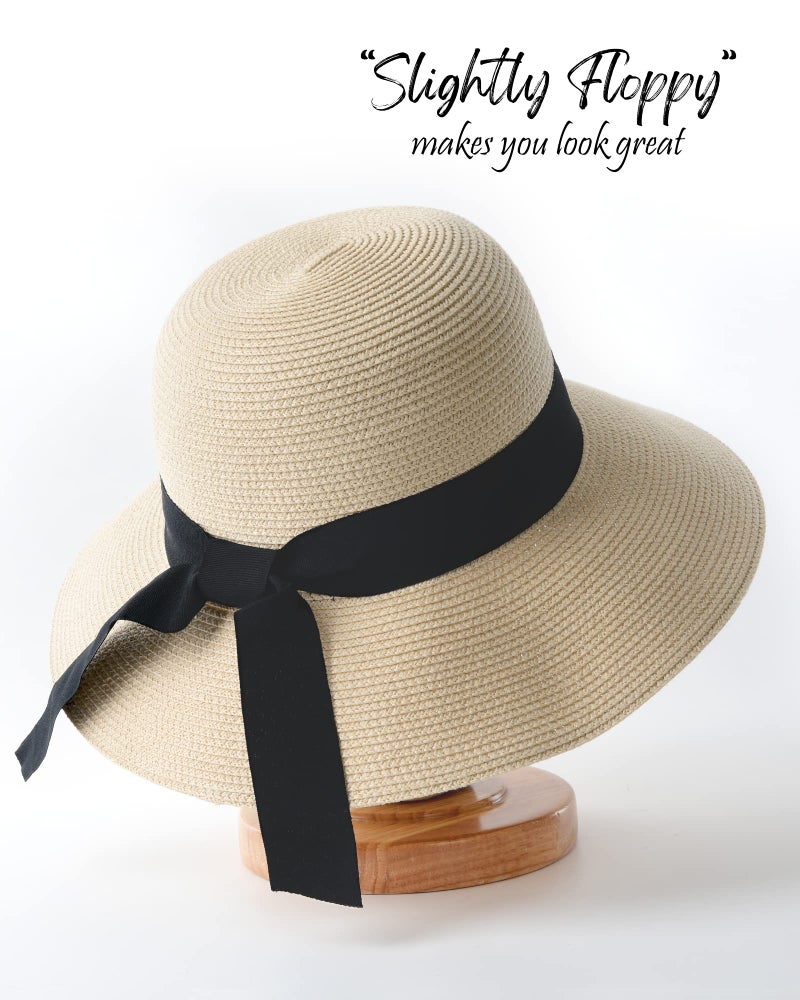 FURTALK Womens Beach Sun Straw Hat UV UPF 80+ Travel Foldable Brim Summer UV Hat Pure Beige - Image 2