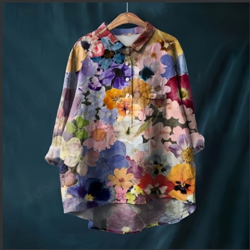 Retro Pastoral Style Cotton And Linen Printed Lapel Long-Sleeved Shirt Women'S Large Size Fashion Pullover T-Shirt - Image 1