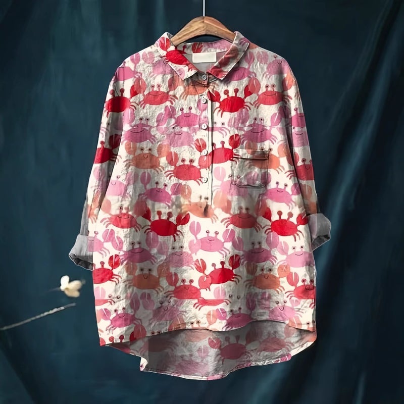 Retro Pastoral Style Cotton And Linen Printed Lapel Long-Sleeved Shirt Women'S Large Size Fashion Pullover T-Shirt - Image 5