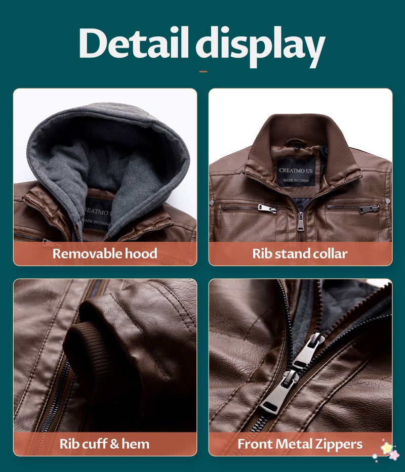 CREATMO US Children Faux Leather Jacket Motorcycle Jacket Winter Jacket Spring Bomber Jacket Coffee 14/16 - Image 5