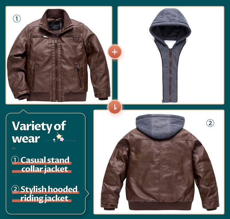 CREATMO US Children Faux Leather Jacket Motorcycle Jacket Winter Jacket Spring Bomber Jacket Coffee 14/16 - Image 3