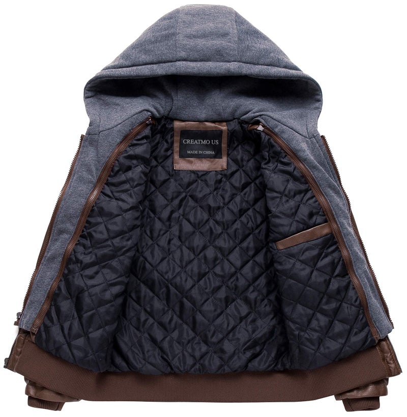 CREATMO US Children Faux Leather Jacket Motorcycle Jacket Winter Jacket Spring Bomber Jacket Coffee 14/16 - Image 2