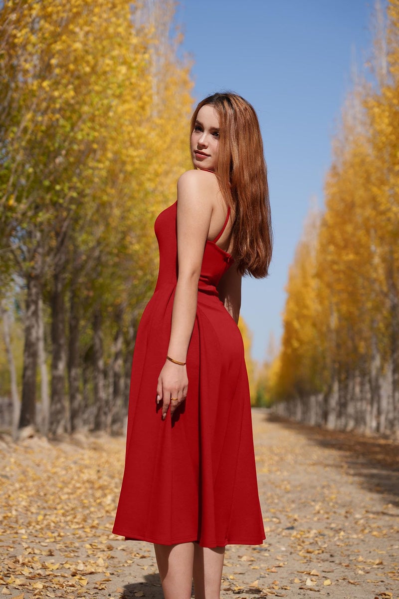 Memoriesea Women's Elegant Square Neck Swing A Line Wedding Evening Party Midi Dress Red - Image 3