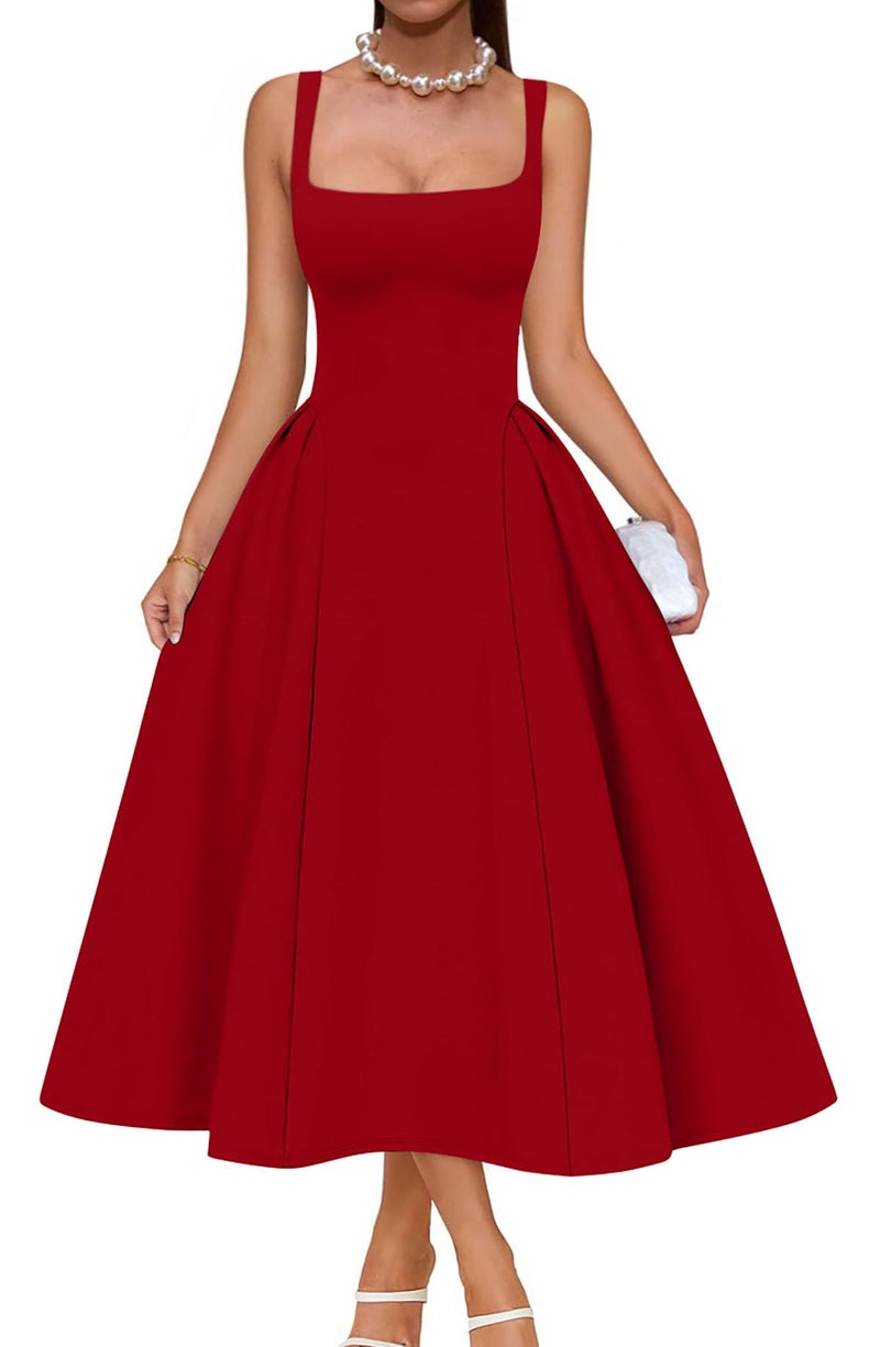 Memoriesea Women's Elegant Square Neck Swing A Line Wedding Evening Party Midi Dress Red - Image 1