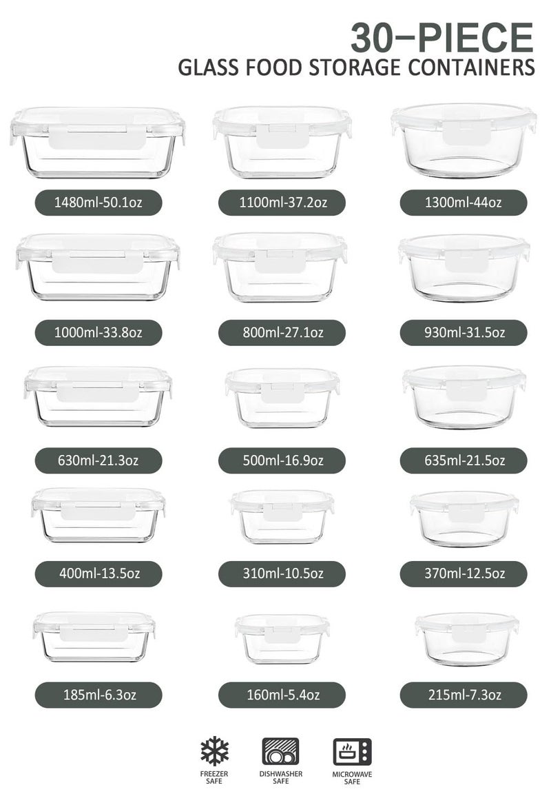 M MCIRCO 30 Pieces Glass Food Storage Containers with Upgraded Snap Locking Lids,Glass Meal Prep Containers Set - Airtight Lunch Containers, Microwave, Oven, Freezer and Dishwasher Friendly (White) - Image 2