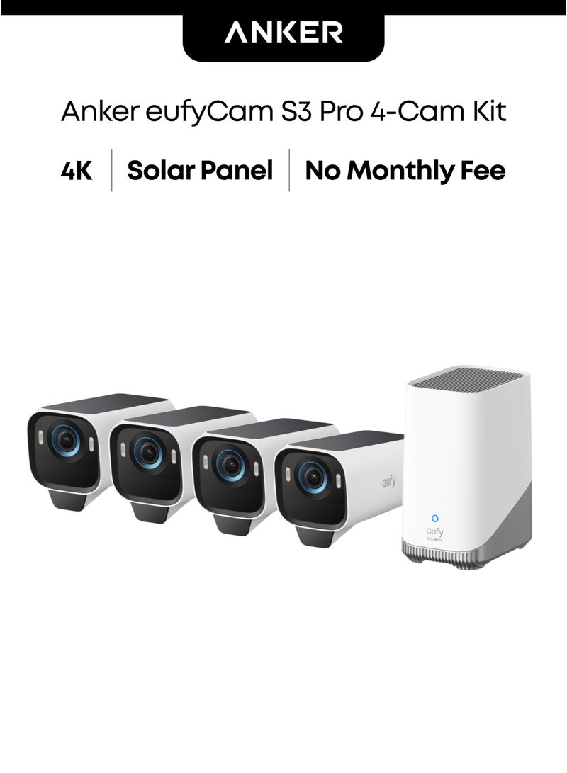 eufy Security eufyCam S3 Pro 4-Cam Kit Solar Security Camera Outdoor Wireless with Solar Panel, Colour Night Vision, 4K, Forever Power 2.0, Face Recognition AI, Expandable Local Storage No Monthly Fee - Image 1