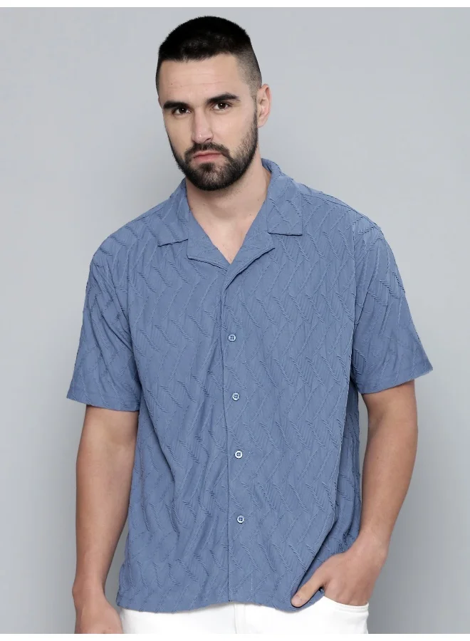 مانياك قميص رجالي قطني أزرق دينم بياقة كلاسيكية وأكمام ثلاثة أرباع