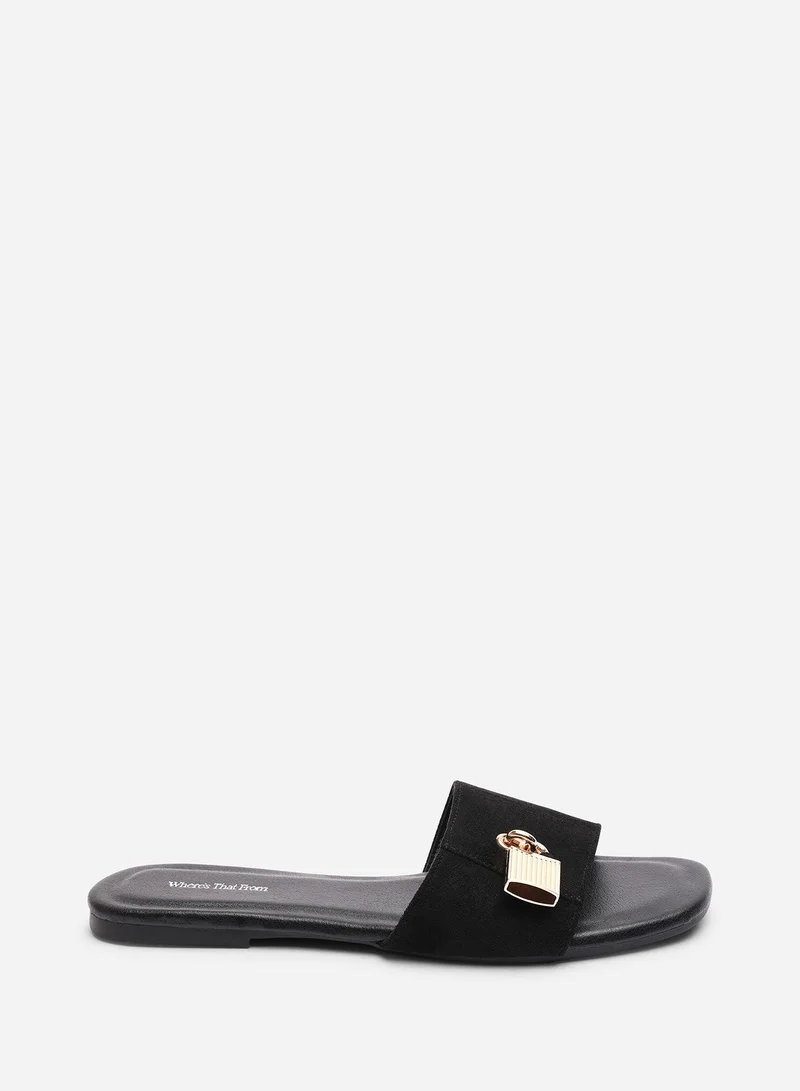 Where's That From Solana Gold Trim Flat Black Suede Slide On Sandal