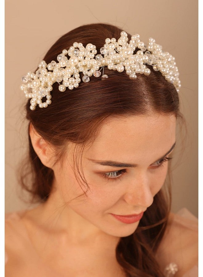 BERYUAN Bridal Pearls Headband Pearls Crystal Rhinestone Wedding Hair Piece Silver Bride Headband Wedding Hair Accessories For Bridal Women And Girl - Image 1