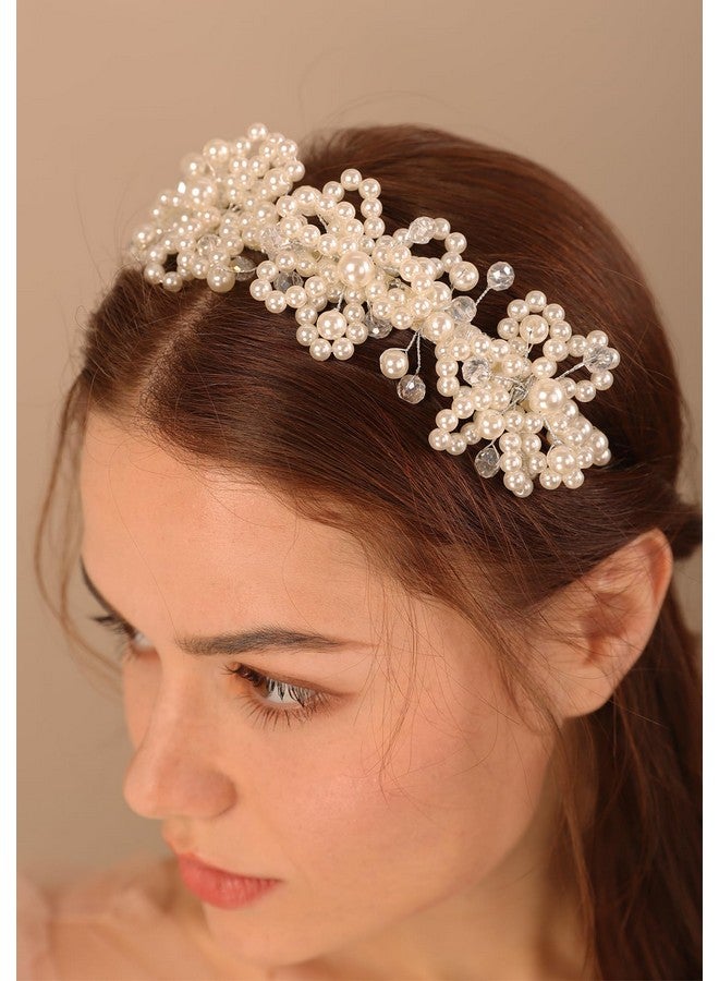 BERYUAN Bridal Pearls Headband Pearls Crystal Rhinestone Wedding Hair Piece Silver Bride Headband Wedding Hair Accessories For Bridal Women And Girl - Image 2