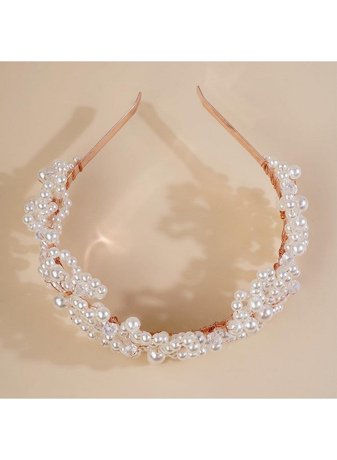 BERYUAN Bridal Pearls Headband Pearls Crystal Rhinestone Wedding Hair Piece Silver Bride Headband Wedding Hair Accessories For Bridal Women And Girl - Image 3