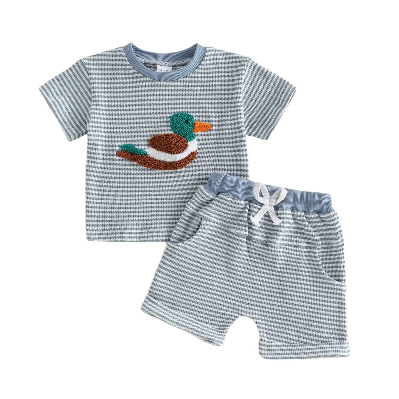 MERSARIPHY Toddler Baby Boy Girl Summer Clothes Embroidery Stripe T-shirt Tops Shorts Sets 6 12 18 Months 2T 3T Casual Outfit (Blue Duck, 18-24 Months) - Image 1