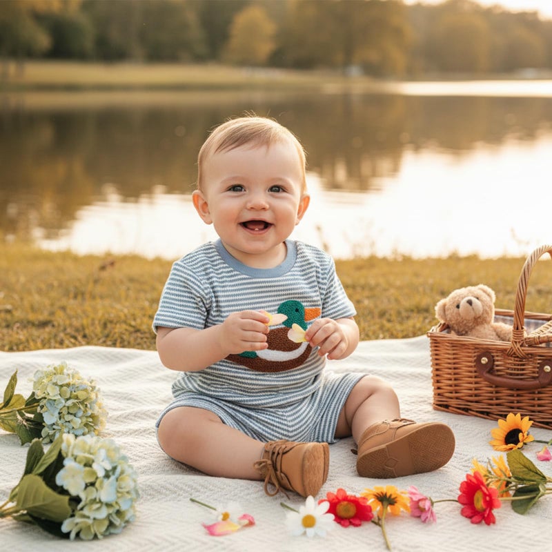 MERSARIPHY Toddler Baby Boy Girl Summer Clothes Embroidery Stripe T-shirt Tops Shorts Sets 6 12 18 Months 2T 3T Casual Outfit (Blue Duck, 18-24 Months) - Image 2