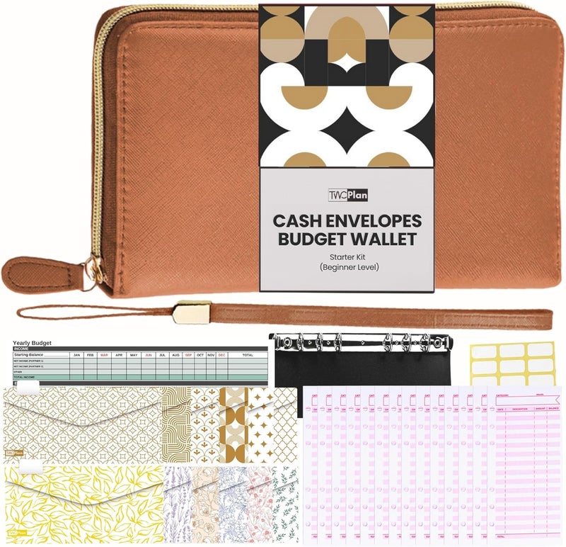 THREE WAY CUT Cash Envelope Wallet Brown All in One Budget System RFID Blocking with 12x Tabbed Cash Envelopes, 12x Monthly Budget Cards,1x Yearly Budget Planner Sheet Complete Money Organizer Set for Cash - Image 1
