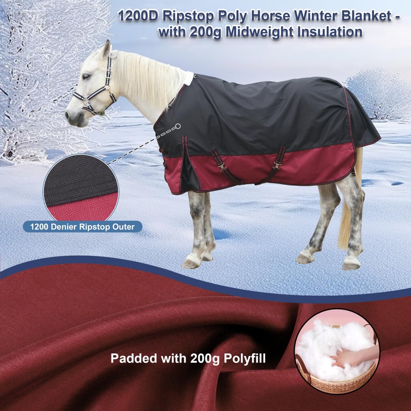 Gallopoff 1200D Ripstop Waterproof Breathable Horse Blanket (200g Fill), Medium Weight Warm Winter Turnout, Thermal Protection for Cold & Snow Blackwine 72" - Image 3
