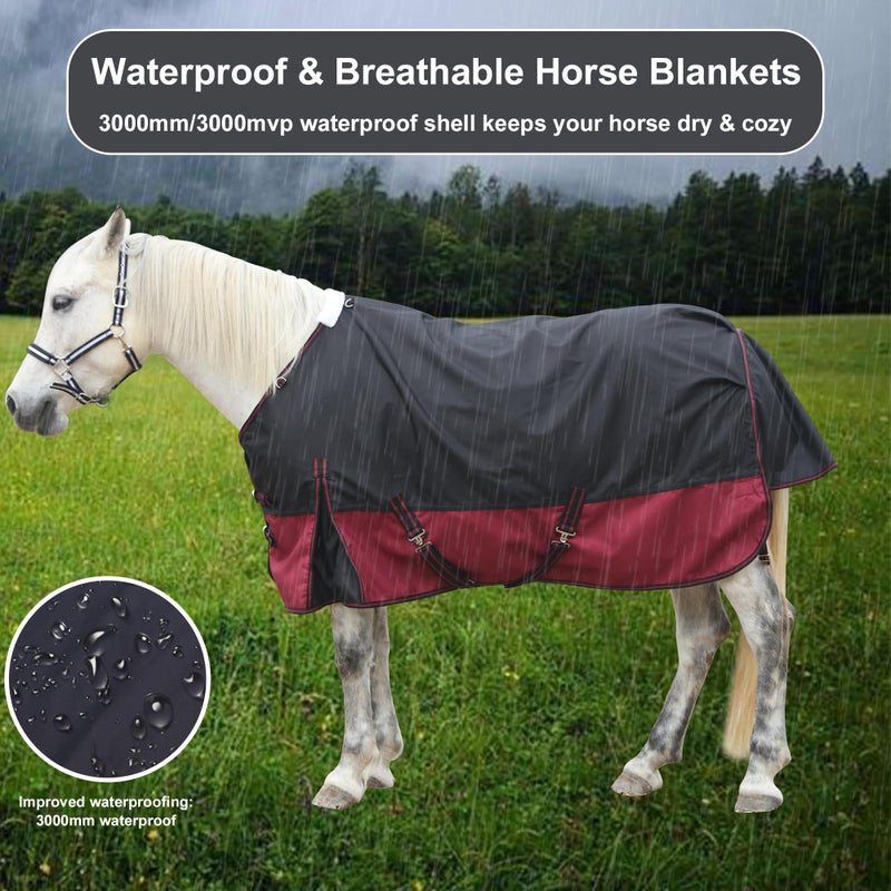Gallopoff 1200D Ripstop Waterproof Breathable Horse Blanket (200g Fill), Medium Weight Warm Winter Turnout, Thermal Protection for Cold & Snow Blackwine 72" - Image 5