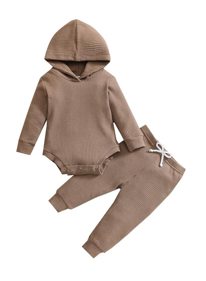 Newborn Unisex Baby Clothes Set Hooded Long Sleeve Bodysuit Stretchy Pants Ribbed Outfits Fall Winter  - Image 1