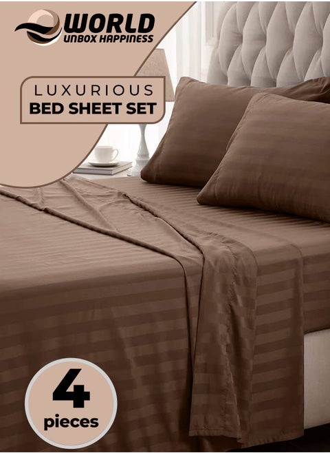 4-Piece Luxury Brown Striped Bedding Set Includes 1 Regular Bedsheet, 1 Fitted Bed Sheet, and 2 Pillow Cases for Ultimate Hotel-Inspired Sophistication in King, Queen and Single Sizes