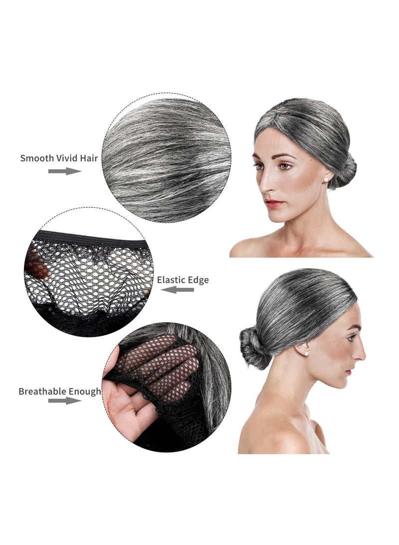 6 Pieces 100 Days of School Old Lady Wig Set Granny Cosplay Wig Granny Hair Glasses Cane Pearl Necklace Bracelet Halloween Dress Up Party, Dark Gray  - Image 2