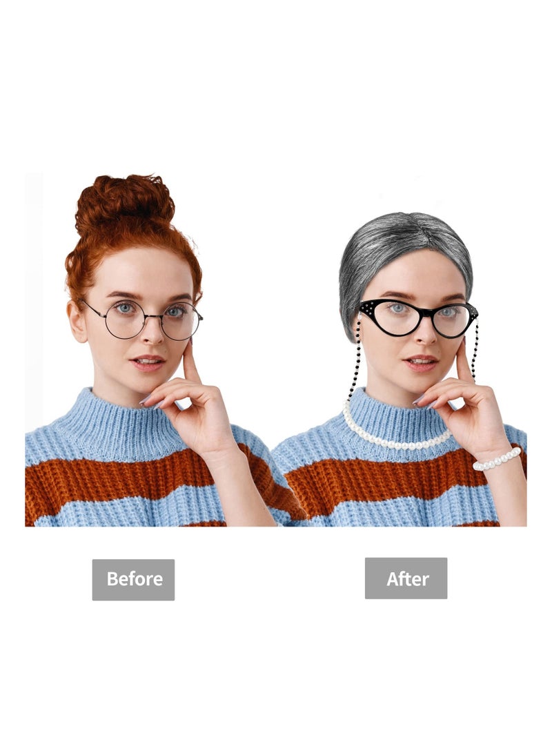 6 Pieces 100 Days of School Old Lady Wig Set Granny Cosplay Wig Granny Hair Glasses Cane Pearl Necklace Bracelet Halloween Dress Up Party, Dark Gray  - Image 5