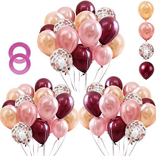 LAZYBEEE 62 Pieces Rose Gold Burgundy Confetti Balloons Kit, 12 Inch Rose Gold Confetti Burgundy Rose Gold Latex Balloons with Balloon Ribbon for Wedding Birthday Girl Party Background Decorations - Image 1