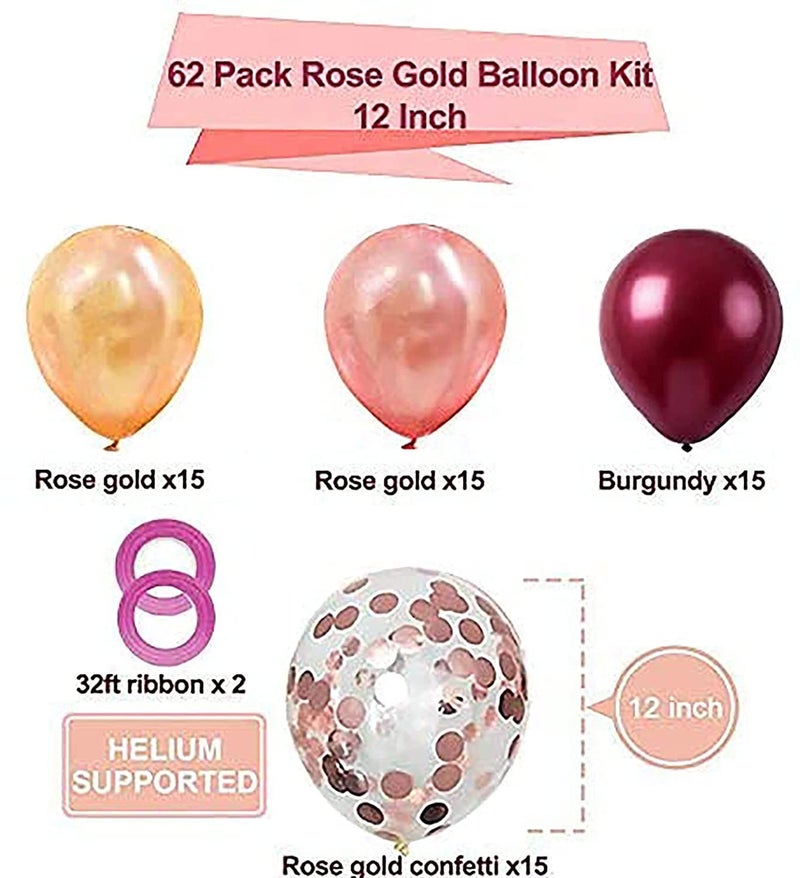 LAZYBEEE 62 Pieces Rose Gold Burgundy Confetti Balloons Kit, 12 Inch Rose Gold Confetti Burgundy Rose Gold Latex Balloons with Balloon Ribbon for Wedding Birthday Girl Party Background Decorations - Image 2