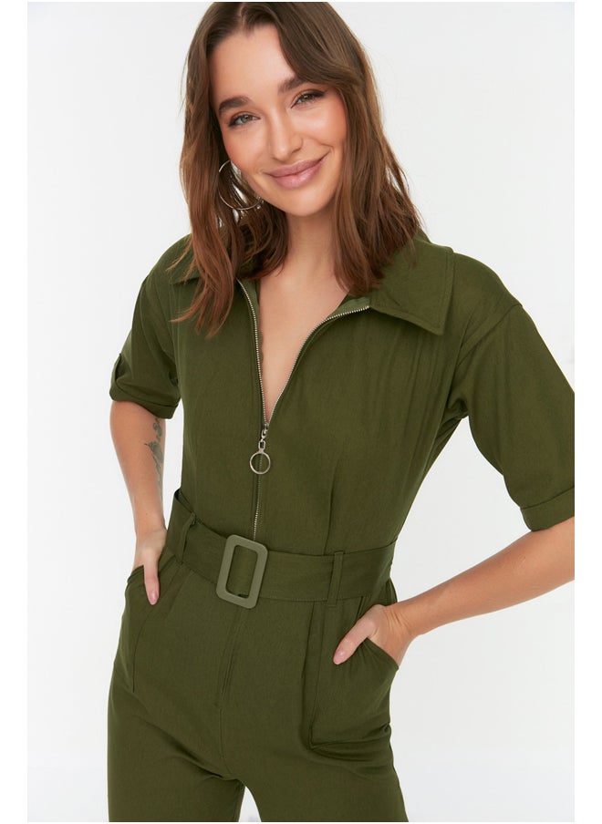 trendyol - Khaki Belted Woven Zipper Detailed Maxi Jumpsuit TWOSS20TU0064 - Image 1