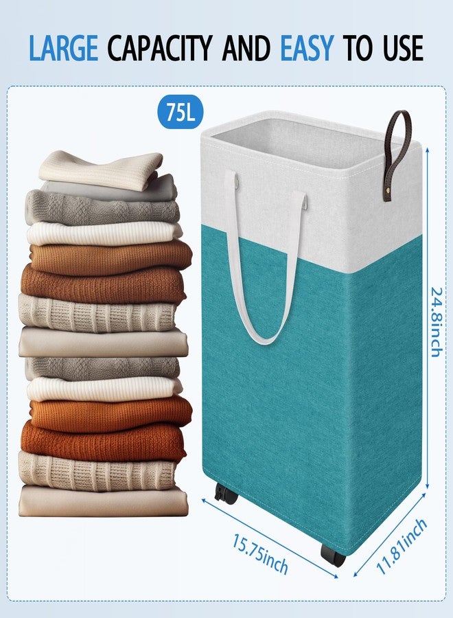 HomeHacks سلة غسيل كبيرة قابلة للطي من هوم هاكس، سلة ملابس كبيرة قابلة للطي بعجلات، سلة ملابس مقاومة للماء، صناديق ملابس ضيقة الزاوية بمقابض للحمام وغرفة النوم والسكن الجامعي (26 بوصة أخضر) - Image 2