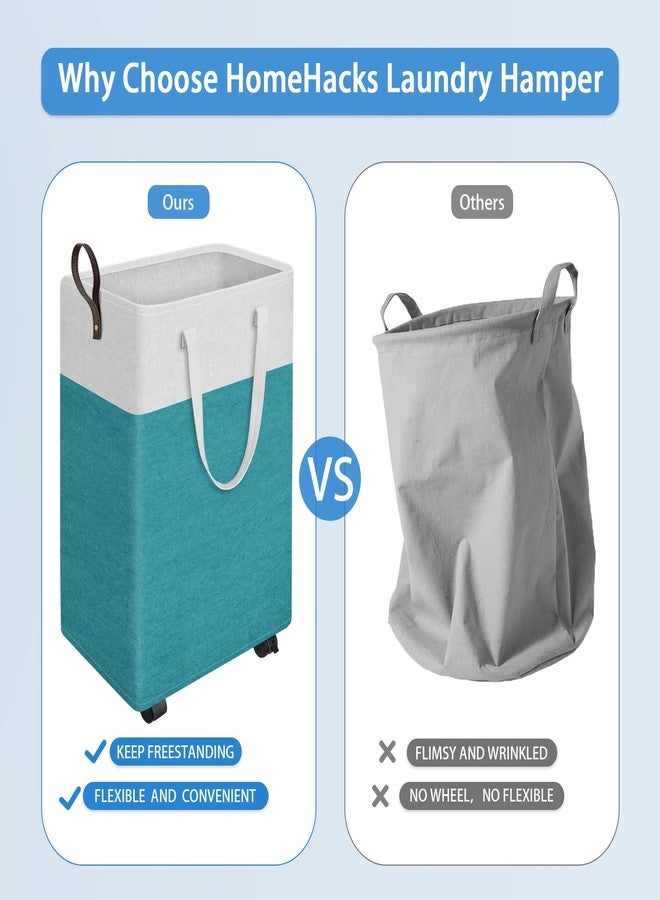 HomeHacks سلة غسيل كبيرة قابلة للطي من هوم هاكس، سلة ملابس كبيرة قابلة للطي بعجلات، سلة ملابس مقاومة للماء، صناديق ملابس ضيقة الزاوية بمقابض للحمام وغرفة النوم والسكن الجامعي (26 بوصة أخضر) - Image 4