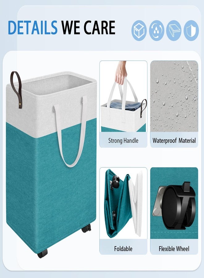 HomeHacks سلة غسيل كبيرة قابلة للطي من هوم هاكس، سلة ملابس كبيرة قابلة للطي بعجلات، سلة ملابس مقاومة للماء، صناديق ملابس ضيقة الزاوية بمقابض للحمام وغرفة النوم والسكن الجامعي (26 بوصة أخضر) - Image 3