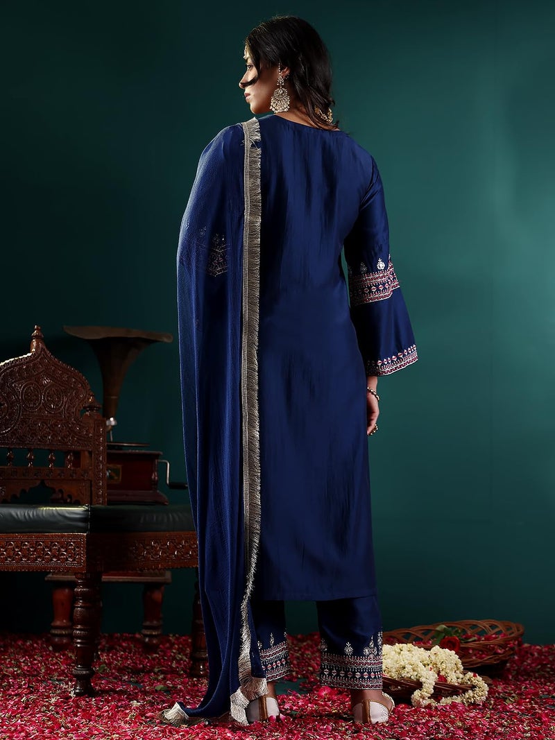 Varanga Women Blue Embroidered Straight Kurta Paired With Tonal Embroidered Bottom And With Tonal Chiffon Dotted Dupatta - Image 3