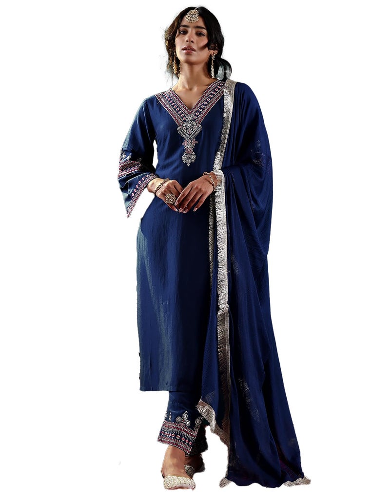 Varanga Women Blue Embroidered Straight Kurta Paired With Tonal Embroidered Bottom And With Tonal Chiffon Dotted Dupatta - Image 1