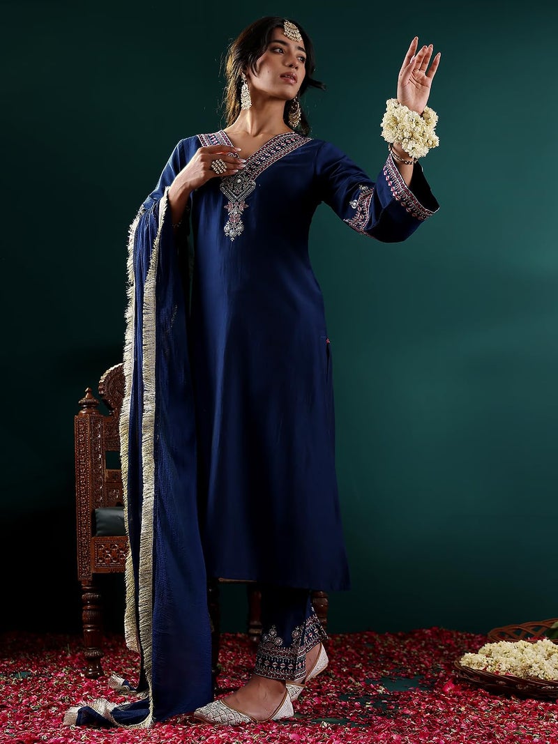 Varanga Women Blue Embroidered Straight Kurta Paired With Tonal Embroidered Bottom And With Tonal Chiffon Dotted Dupatta - Image 5