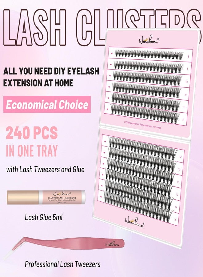 Natuhana Lash Clusters Kit 240Pcs Wispy Eyelash Extensions C Curl 8-16mm Volume Individual DIY Lashes with Glue and Tweezers(20P, Black, 8-15mm) - Image 2