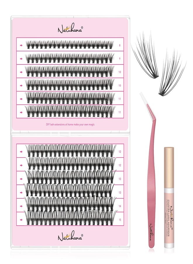 Natuhana Lash Clusters Kit 240Pcs Wispy Eyelash Extensions C Curl 8-16mm Volume Individual DIY Lashes with Glue and Tweezers(20P, Black, 8-15mm) - Image 1